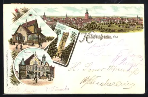 Lithographie Hildesheim, Rathaus, Gasthaus auf dem Galgenberg, Aussichtsturm auf dem Galgenberg, Totalansicht aus der Vo