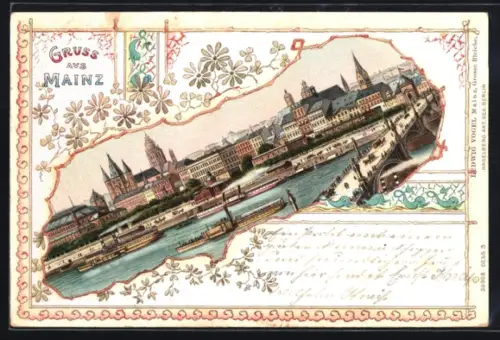 Passepartout-Lithographie Mainz, Gesamtansicht mit Dampfer