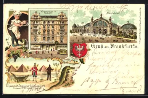 Lithographie Frankfurt, Hauptbahnhof, Restaurant zum Jungen Krokodil, Kaiserstr. 55