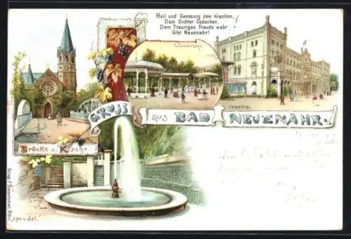 Lithographie Bad Neuenahr, Kurhotel, Wandelbahn, Brücke und Kirche