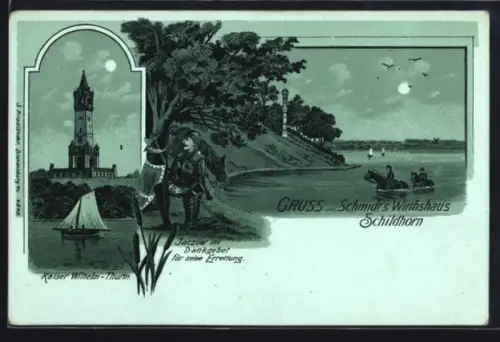 Mondschein-Lithographie Schildhorn, Kaiser Wilhelm Thurm, Jaczow im Dankgebet