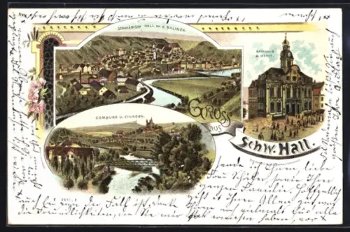 Lithographie Schwäbisch Hall, Totalansicht mit Rathaus und getrockneten Blumen