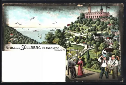 Lithographie Hamburg-Blankenese, Restaurant Süllberg, Ausflügler