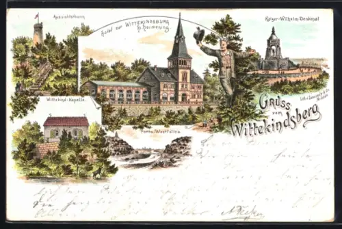 Lithographie Porta Westfalica, Hotel zur Wittekindsburg, Kaiser Wilhelm-Denkmal, Ortsansicht
