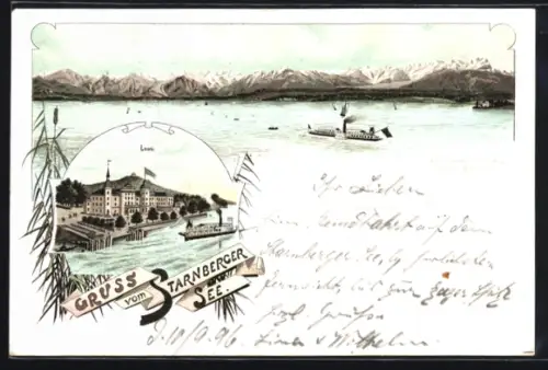 AK Starnberg, Starnberger See, Gasthaus Leoni mit Dampfer