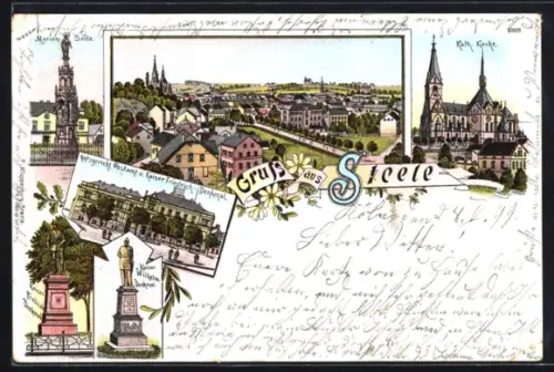 Lithographie Steele, Katholische Kirche, Marien-Säule, Kaiser Wilhelm Denkmal, Neujahrsgruss