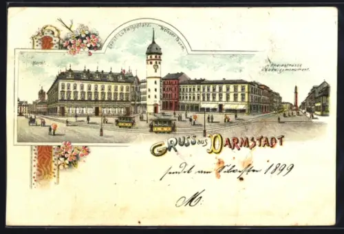 Lithographie Darmstadt, Ernst-Ludwigplatz mit Weissem Turm, Rheinstrasse mit Ludwigsmonument, Strassenbahnen