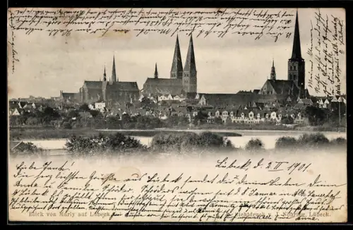 AK Lübeck, Blick von Marly auf Lübeck mit Marienkirche und Dom