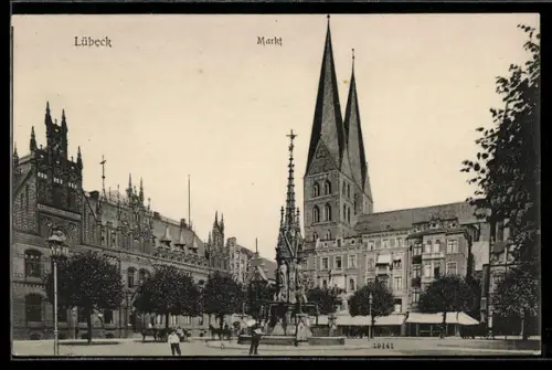 AK Lübeck, Markt, Kirche, Brunnen