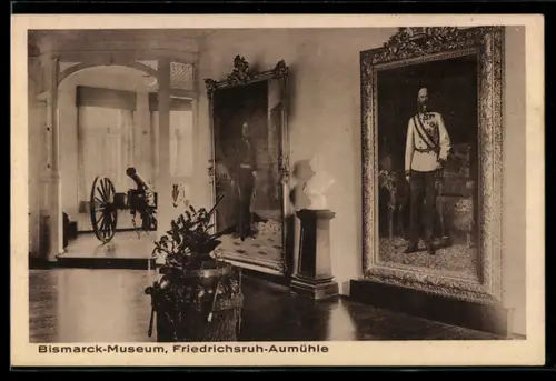 AK Friedrichsruh-Aumühle, Bismarck-Museum, Bilder Kaiser Franz Joseph I. und Kaiser Wilhelm II., Mitrailleuse