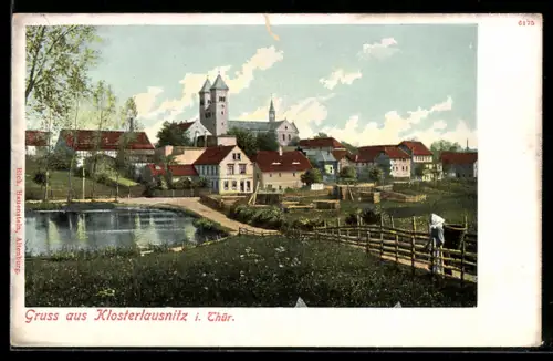 AK Klosterlausnitz i. Thür., Ortsansicht mit Kirche und Teich