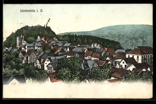 AK Lindenfels i. O., Ortsansicht mit Kirche und Burg