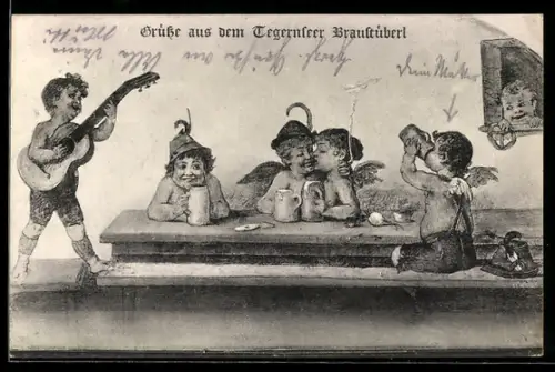 AK Tegernsee, Gaststätte Bräustüberl, humoristische Darstellung mit Bierkrügen und Musik