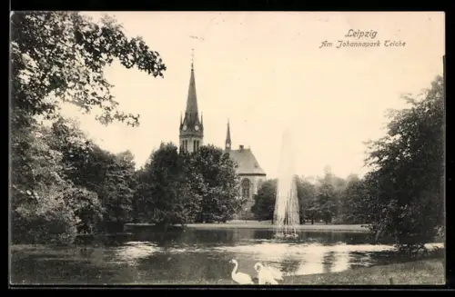 AK Leipzig, Teich mit Fontäne im Johannapark