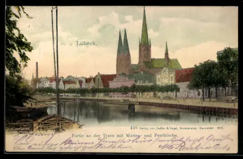 AK Lübeck, Partie an der Trave mit Marien- und Petrikirche