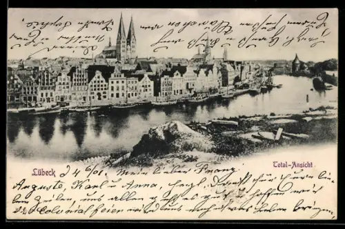 AK Lübeck, Total-Ansicht, Stadtpanorama, Fluss