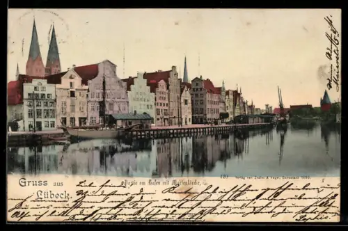 AK Lübeck, Partie am Hafen mit Marienkirche