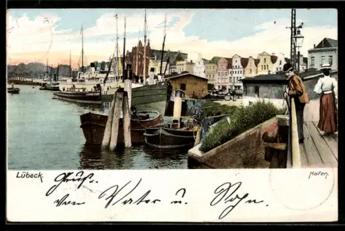 AK Lübeck, Hafen, Schiffe, Uferpromenade