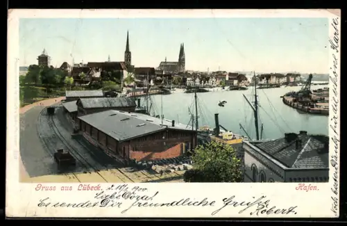 AK Lübeck, Hafen und Trave aus der Vogelschau