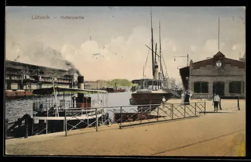 AK Lübeck, Hafenpartie, Schiffe, Hafenanlagen