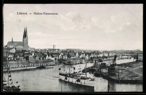 AK Lübeck, Hafen und Stadt-Panorama aus der Vogelschau