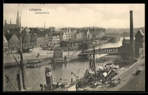 AK Lübeck, Hafenpartie aus der Vogelschau