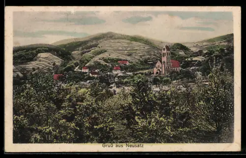 AK Neusatz, Ortsansicht mit Kirche