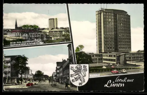 AK Lünen, Rathaus, Blick zum Stadtbad mit Rathaus und Altstadtkirche, Münsterstrasse
