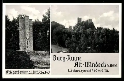 AK Alt-Windeck /Bühl, Burg-Ruine Alt-Windeck, Inh. Rud Grässel, Kriegerdenkmal Inf. Reg. 143