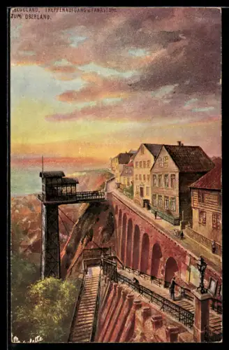 AK Helgoland, Treppenaufgang und Fahrstuhl zum Oberland