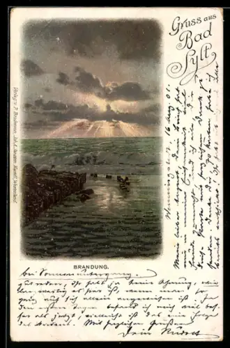Lithographie Bad Sylt, Brandung bei Sonnenuntergang