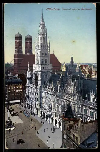 AK München, Frauenkirche und Rathaus, Strassenbahn