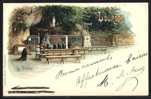 Lithographie Lourdes, la Grotte, Betende in der Grotte