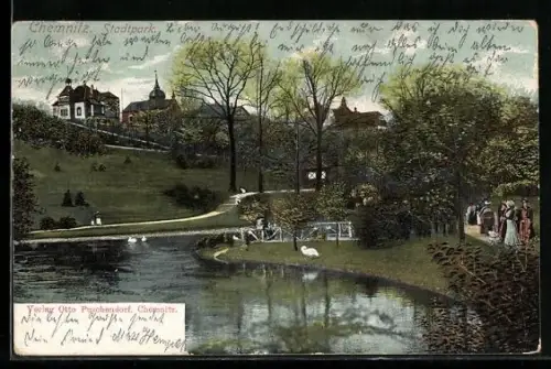 AK Chemnitz, Stadtpark, Teich, Spaziergänger