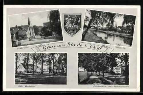 AK Bünde i. Westf., Elsebrücke, Spazierallee, Alter Kirchplatz, Elsedamm m. Kreis-Handelsschule
