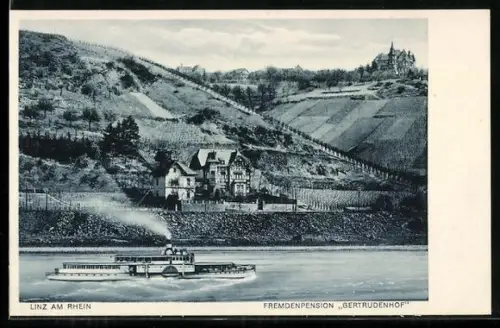 AK Linz am Rhein, Fremdenpension Gertrudenhof, Dampfschiff, Weinberge