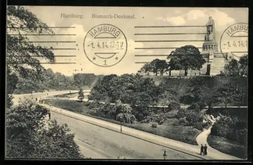 AK Hamburg-St.Pauli, Bismarck-Denkmal mit Anlagen u. Strasse
