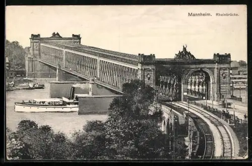 AK Mannheim, Rheinbrücke aus der Vogelschau