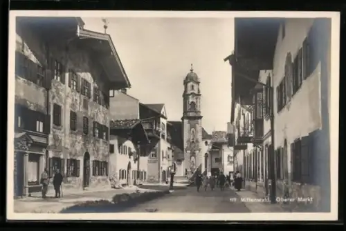 AK Mittenwald, Oberer Markt mit Turrmgebäude