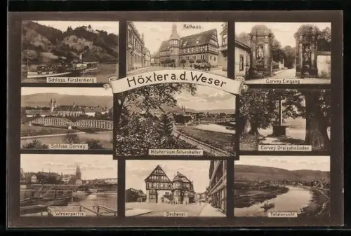 AK Höxter a.d. Weser, Schloss Fürstenberg, Schloss Corvey, Rathaus, Weserpartie, Totansicht
