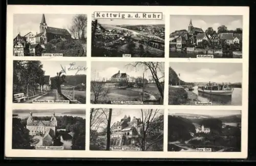 AK Kettwig a. d. Ruhr, Evang. Kirche, Ruhrpartie, Schloss Landsberg