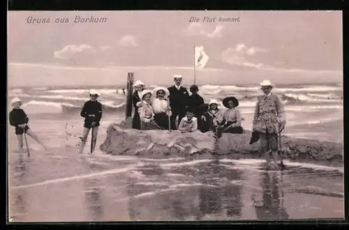 AK Borkum, Strand mit Sommergästen bei Flut