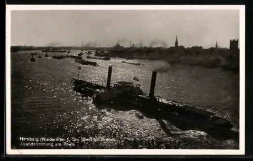 AK Homberg /Niederrhein, Abendstimmung am Rhein, mit Frachter