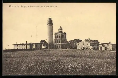 Lithographie Arkona a. Rügen, Leuchttürme, Wärterhaus, Gasthaus
