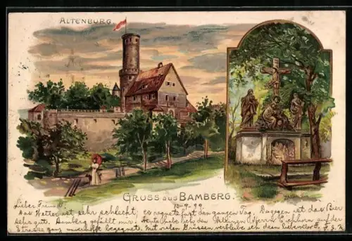 Lithographie Bamberg, Ansicht der Altenburg, Kreuzigungsgruppe