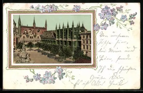 AK Lübeck, Partie am Marktplatz mit Rathaus, Vergissmeinnicht im Passepartout