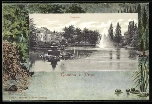 AK Landau i. Pfalz, Idyllische Partie am Ostpark mit See