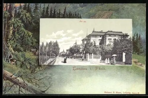 AK Landau i. Pfalz, Strassenpartie mit Villen und Gärten, An 44, Waldszenenpassepartout