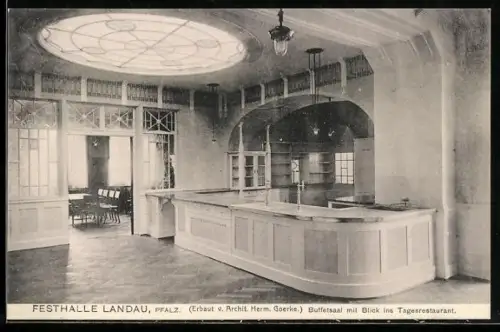 AK Landau /Pfalz, Buffetsaal der Festhalle Landau mit Blick ins Tagesrestaurant