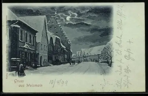 Mondschein-AK Weismain, Verschneite Strassenpartie mit Kirche